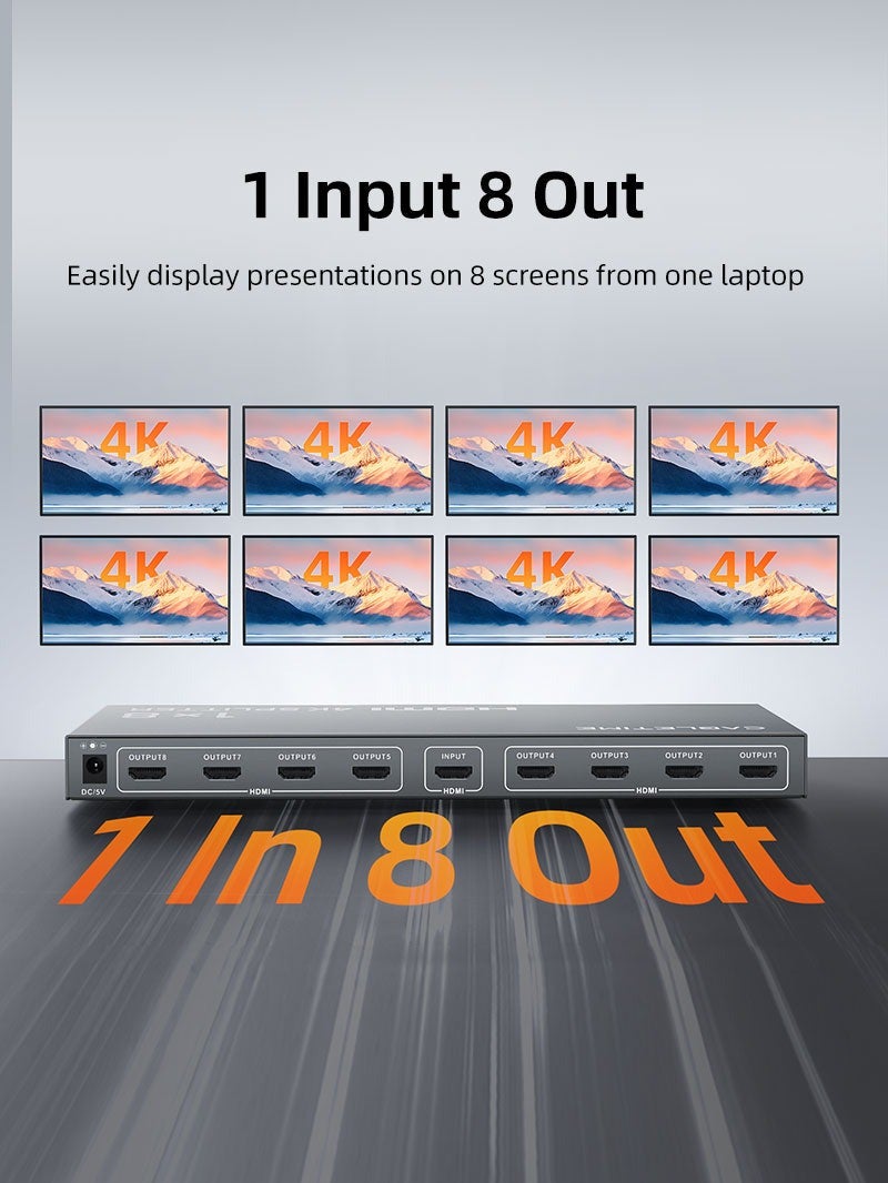 كابل تايم موزع إشارة HDMI بدقة 4K 1X8 لتوزيع الإشارة على شاشات متعددة - Image 1